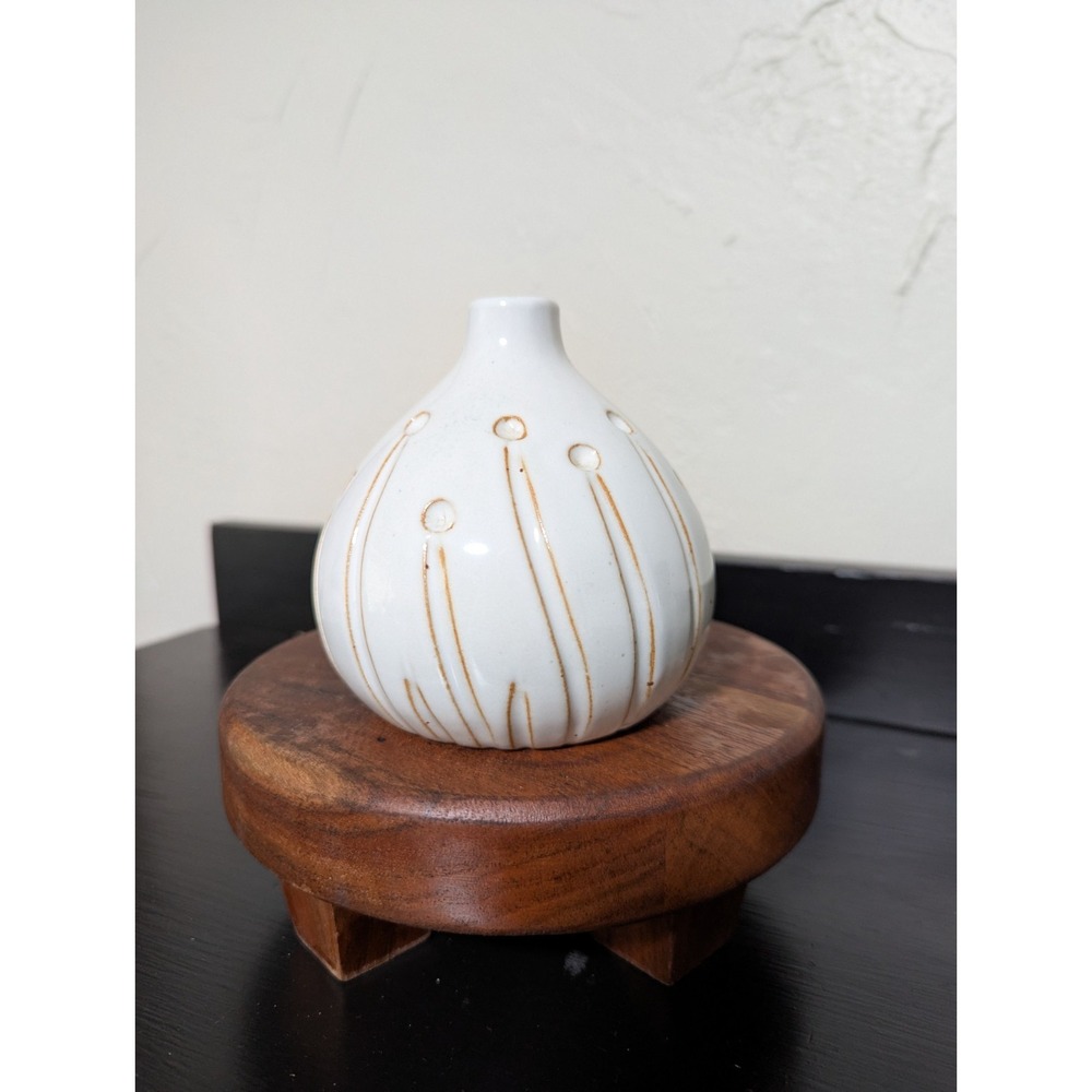 Vintage MCM Neutral Stoneware Bud Vase With Abstract Floral Motif Glossy Finish
